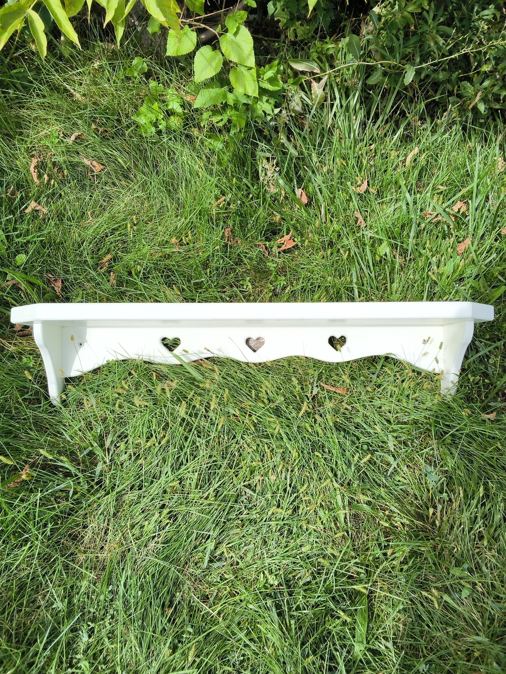 Vintage White Wooden Wall Shelf Display Rack With Triple Hearts Cutout - Shelf B
